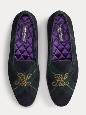 Ralph Lauren Purple Label Green & Navy Plaid Wool Loafers with Gold Crest